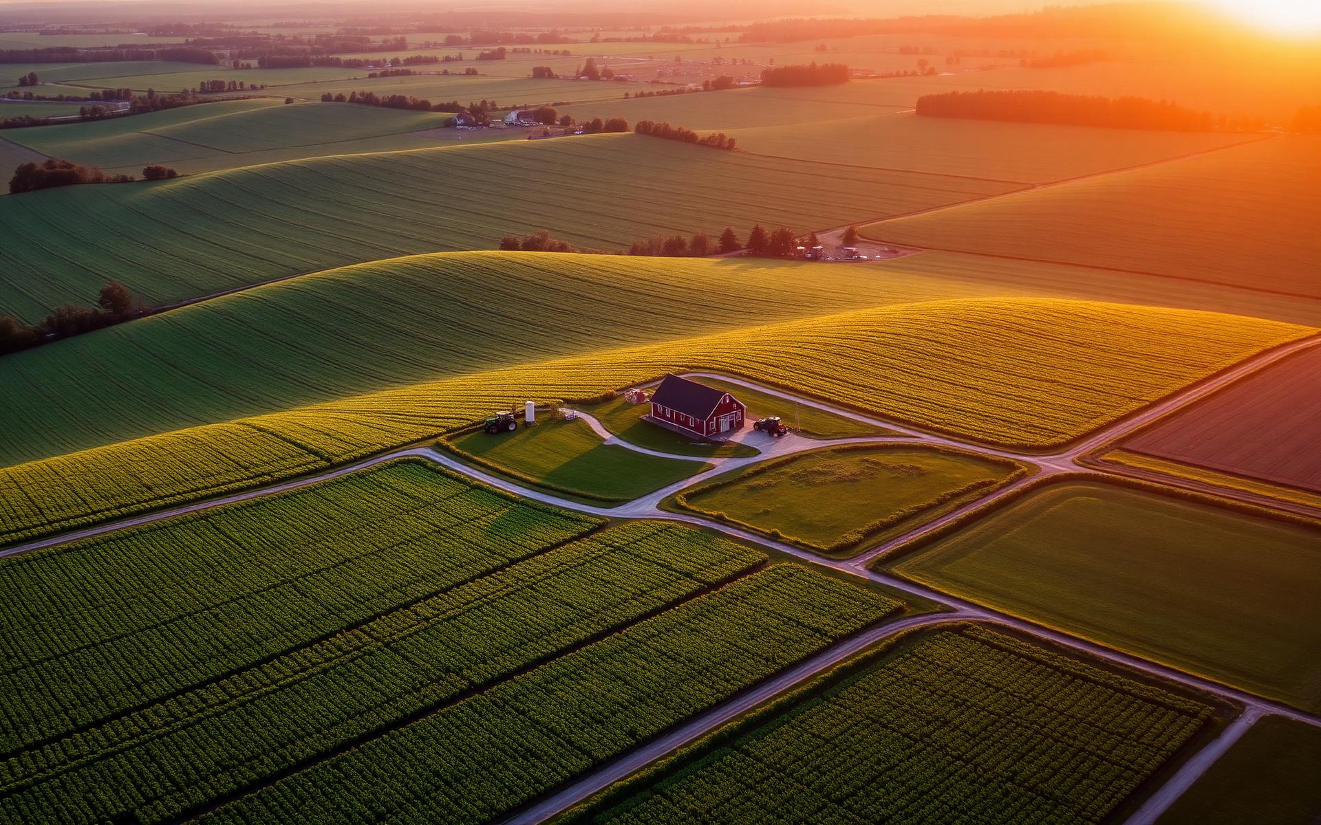 Aerial view of farmland at golden hour in L'Épiphanie, Quebec